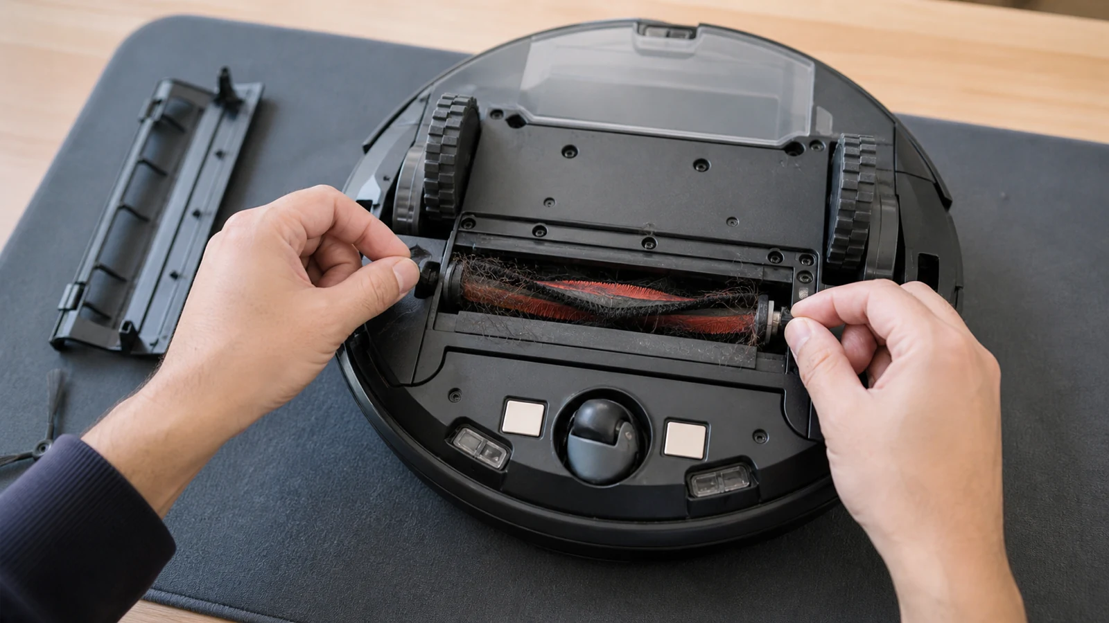Clearing tangled hair from a robot vacuum main brush end caps