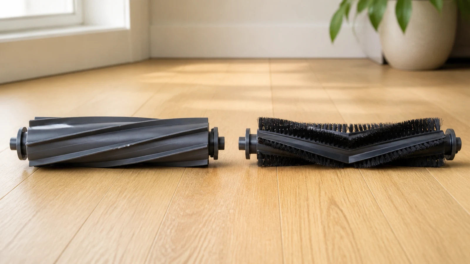 Rubber and bristle robot vacuum roller brushes compared on a hard floor