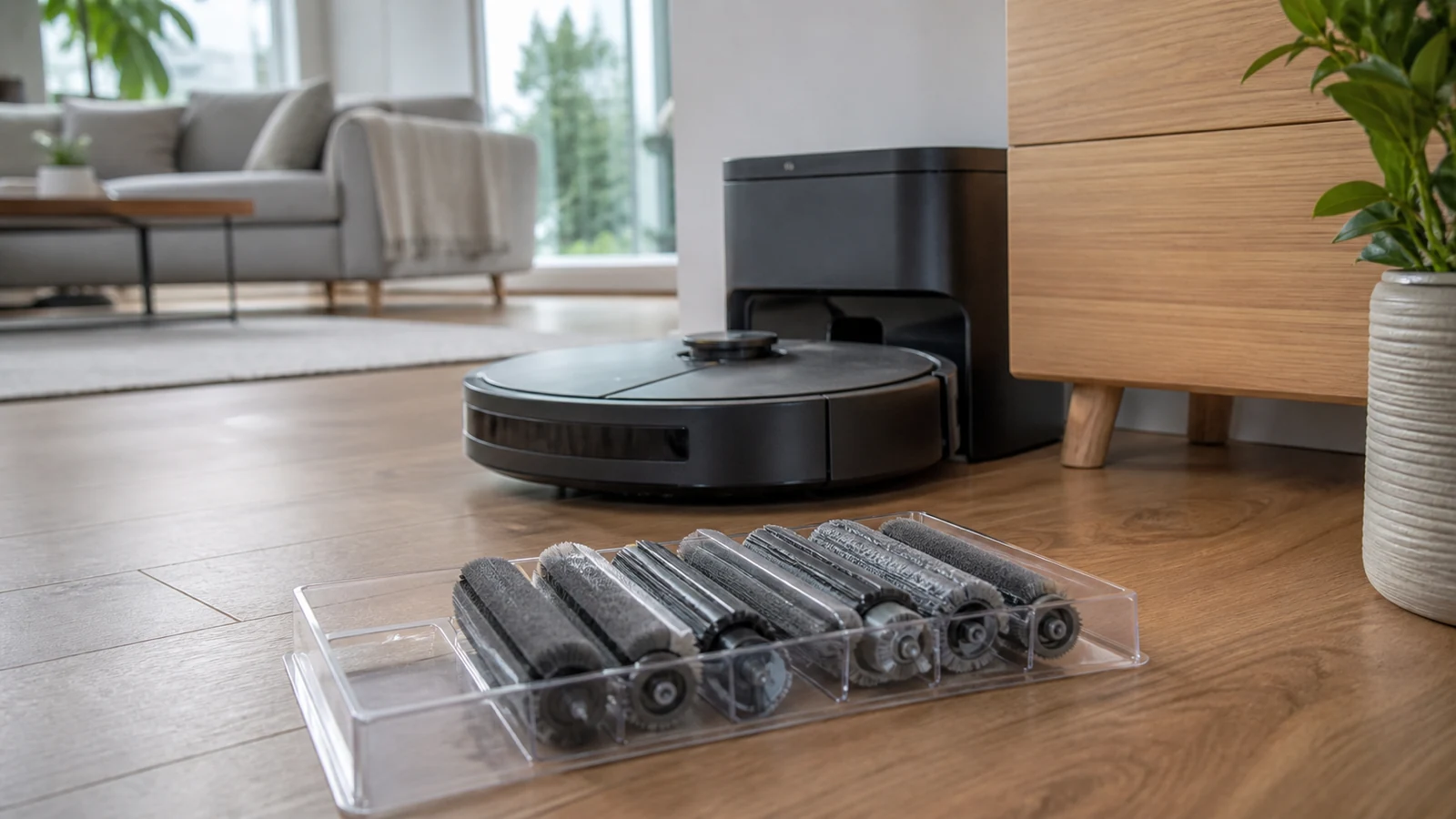 DEEBOT-style robot vacuum with spare roller brush pack ready for UK replacement