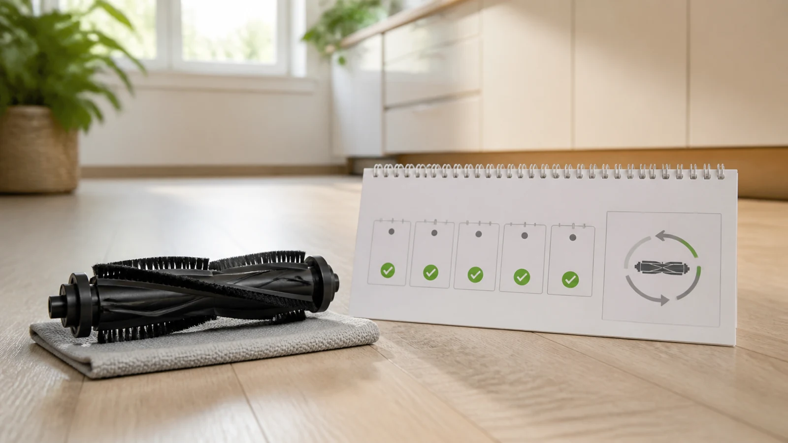 Robot vacuum main brush next to a UK maintenance calendar reminder
