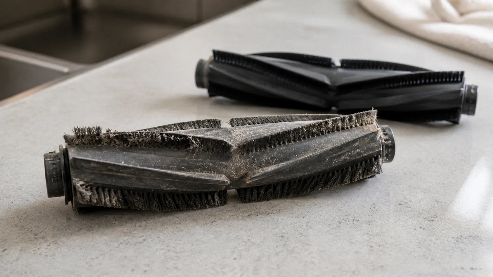 Worn robot vacuum roller brush compared with a fresh replacement